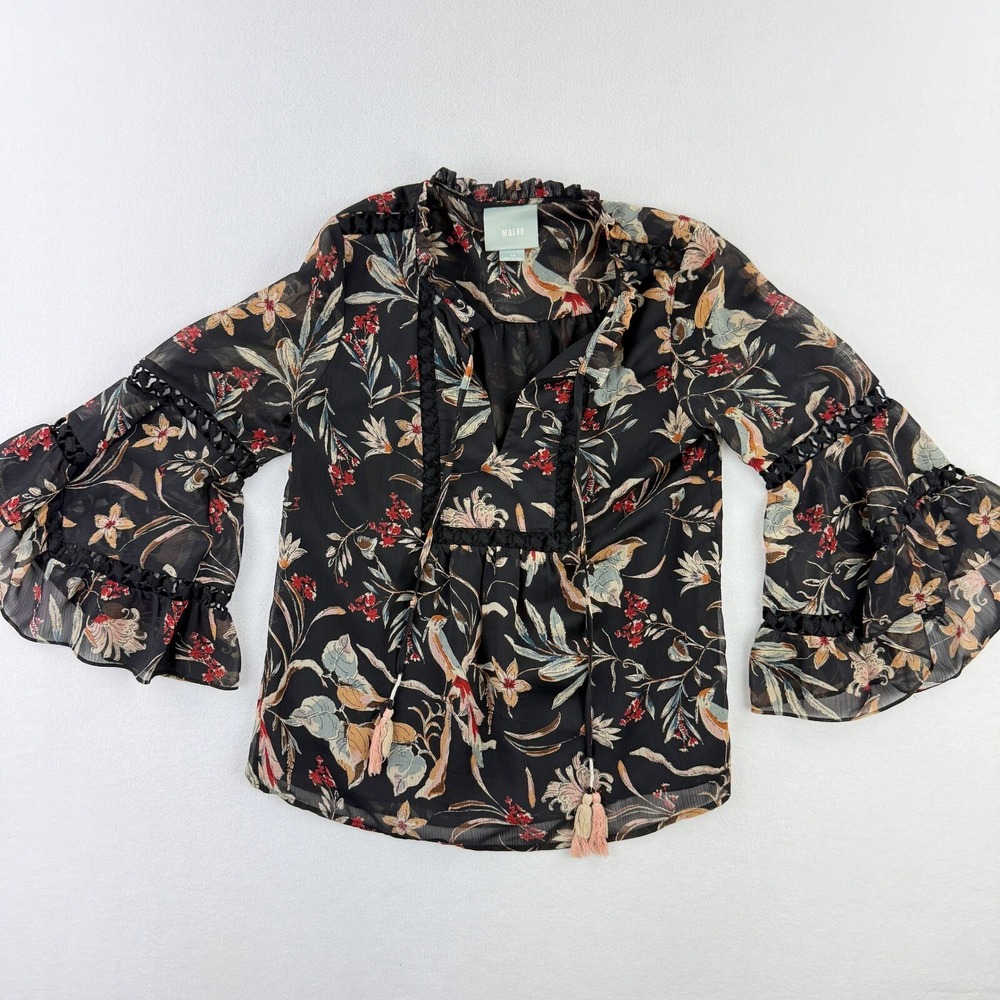 MAEVE Boho Peasant Blouse‎ Womens Size XS Black Floral Bell Sleeve Anthropologie
